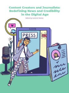 Illustrated cover showing a journalist influencer coming through a door