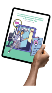 Someone holding a tablet with illustrated cover showing a journalist influencer coming through a door