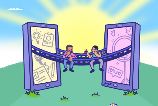 Illustration of two people on a bridge connecting two smartphones