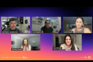 Five screens of people in a video chat