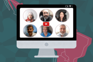 Computer screen with six images of academics on it